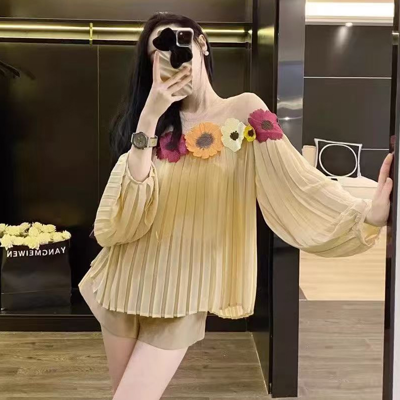 高級感花朵百褶襯衫上衣女2026春季新款洋氣輕奢小眾顯瘦長袖襯衣