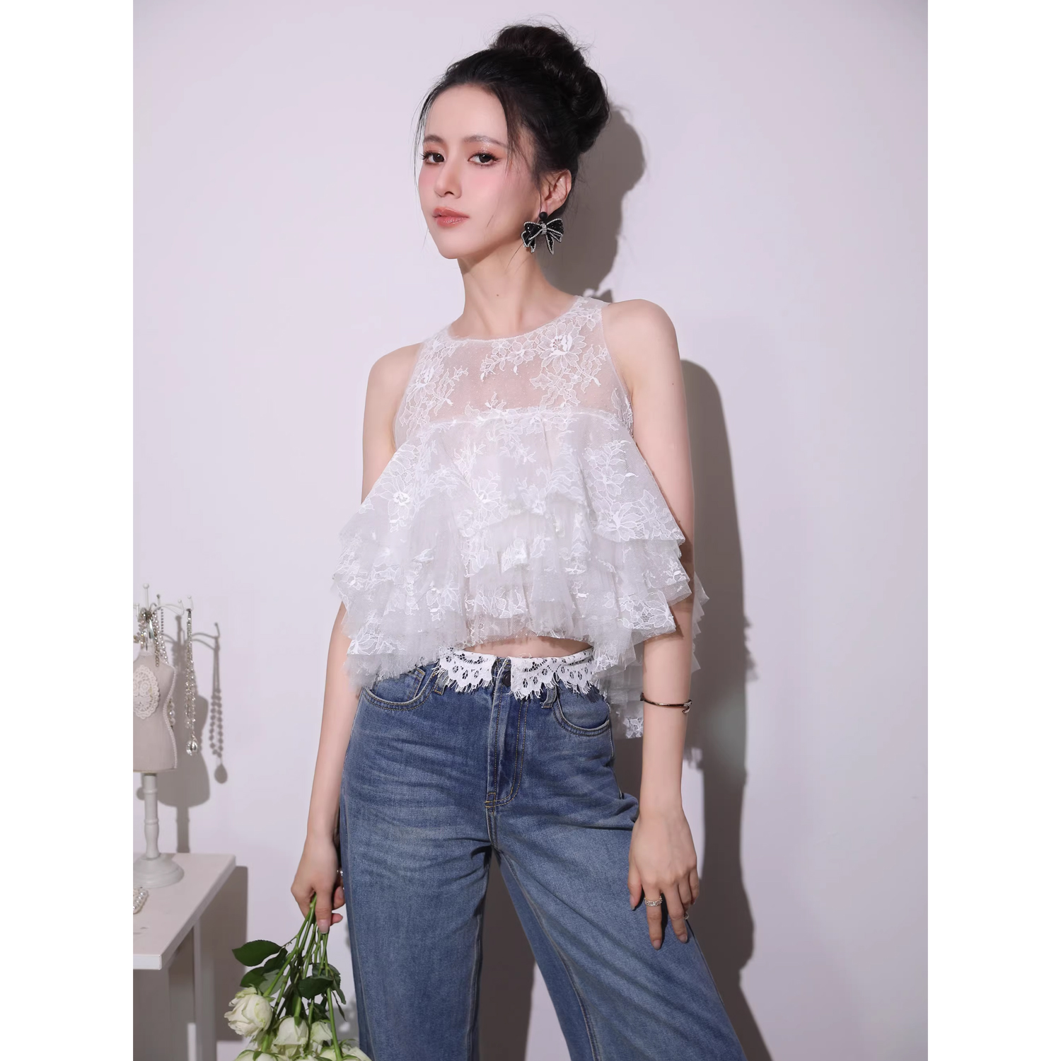 2026新款法式重工波點蕾絲網紗無袖背心上衣甜美可愛減齡少女蓬蓬
