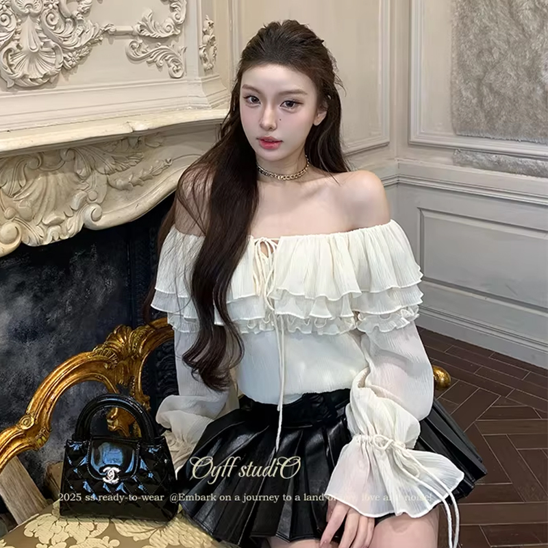 優雅風一字肩荷葉邊系帶襯衫女2026春季新款遮肉設計感氣質上衣潮