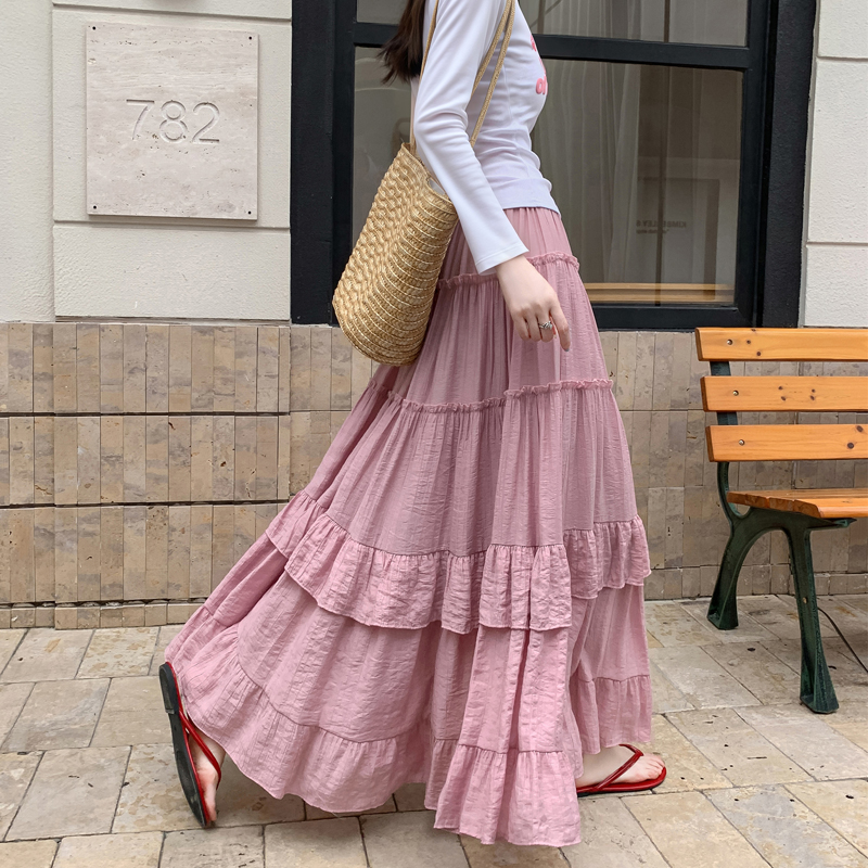 MY17423# 百褶长裙中长款半身裙女高腰洋气a字垂感蛋糕裙子女裝貨源服...