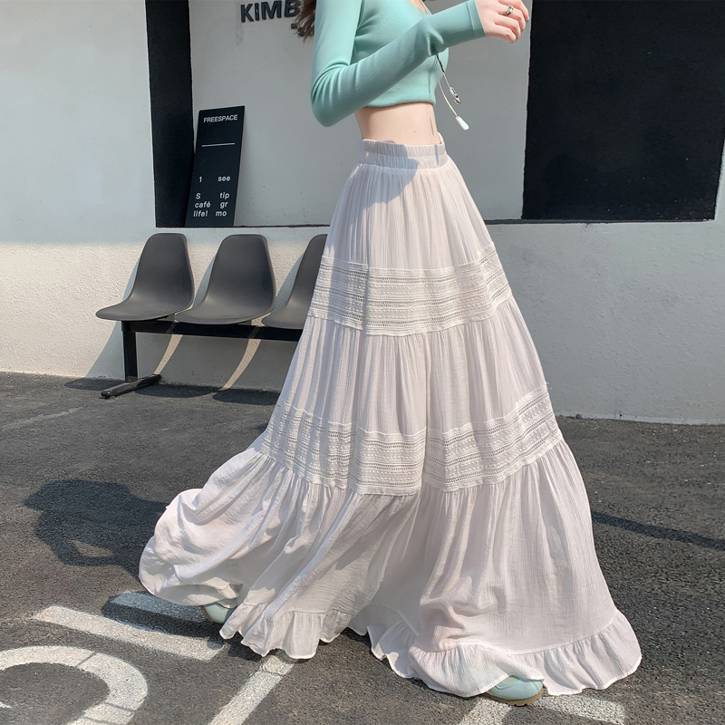 MY17422# 蕾丝半身裙拼接小白裙百搭显瘦大摆长款裙子女裝貨源服裝批發
