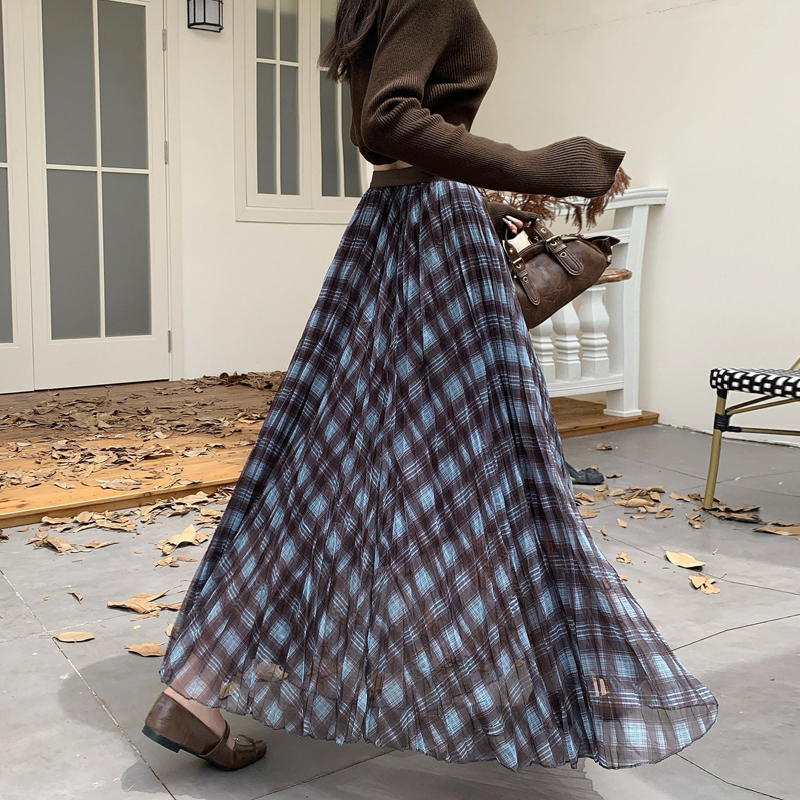 MY17421# 复古格纹网纱不规则半身裙显瘦垂感层次中长款A字长裙女女裝...