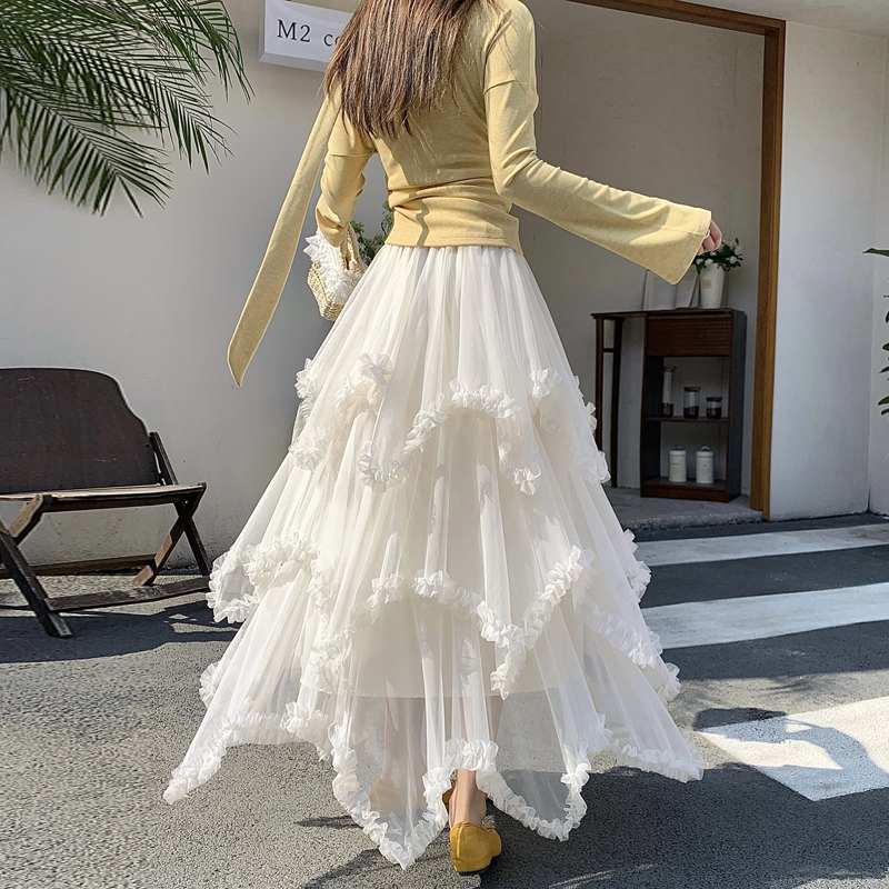 MY17419# 木耳边网纱半身裙女高腰显瘦不规则拼接长裙休闲a字裙子女裝...