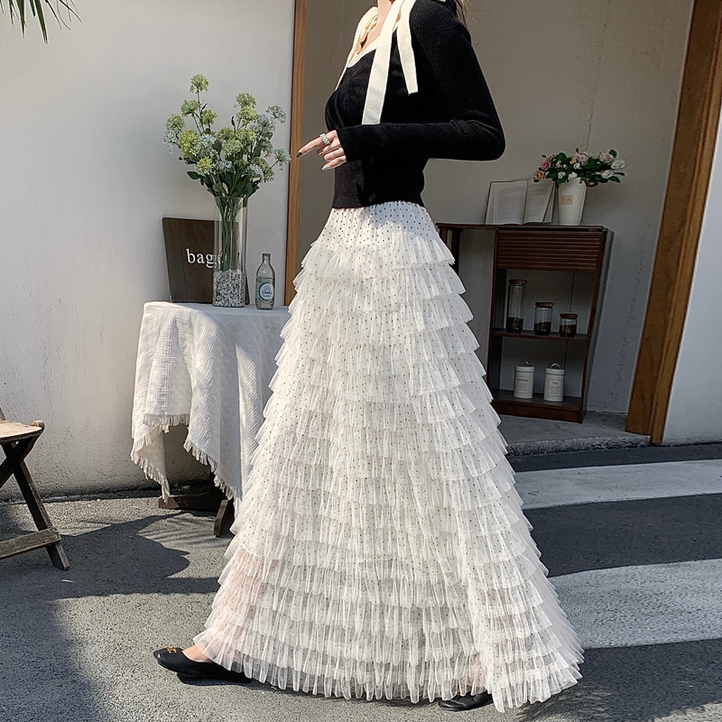 MY17417# 新款长款波点网纱蛋糕裙纱裙半身裙女蓬蓬长裙子女裝貨源服裝...