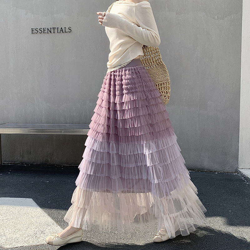 MY17416# 长款仙气重工网纱蛋糕裙半身裙女设计感小众显瘦大摆长裙女裝...