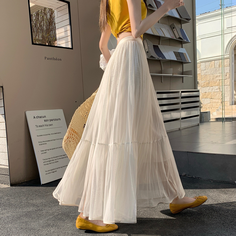 MY17415# 网纱半身裙女新款百褶裙高腰垂感纱裙遮肚显瘦长裙子女裝貨源...