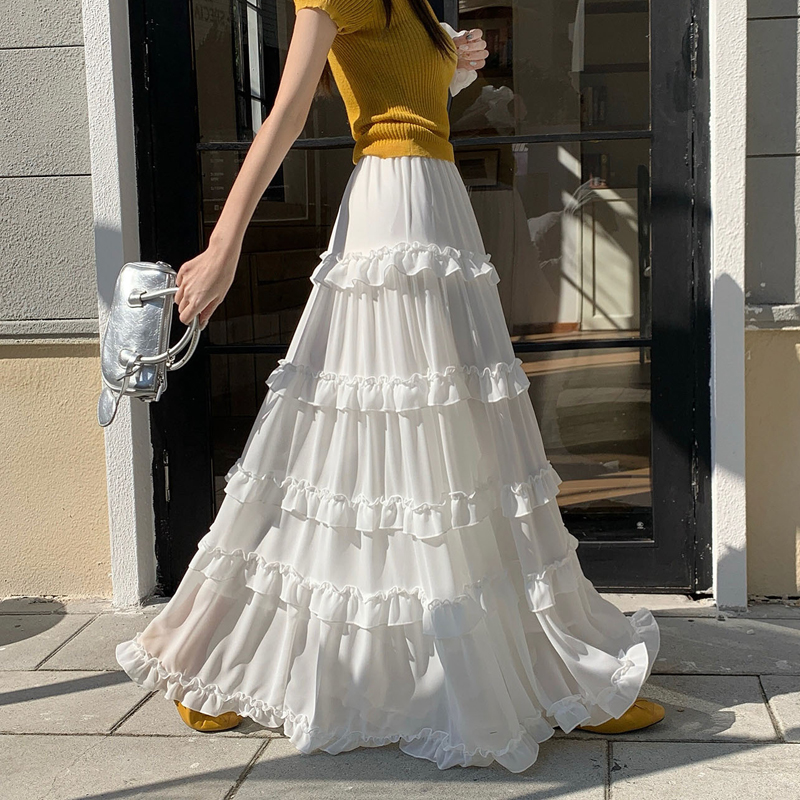 MY17413# 荷叶边大摆蛋糕裙高腰显瘦雪纺长裙a字仙女半身裙女裝貨源服...