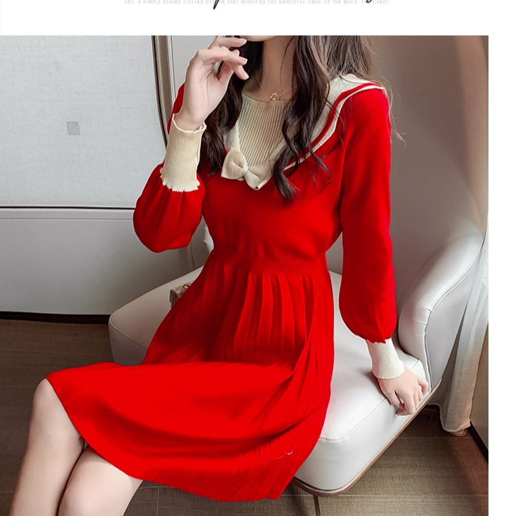 MY15346# 针织裙子复古港味学院小红裙女大码收腰显瘦长袖连衣裙女裝貨...