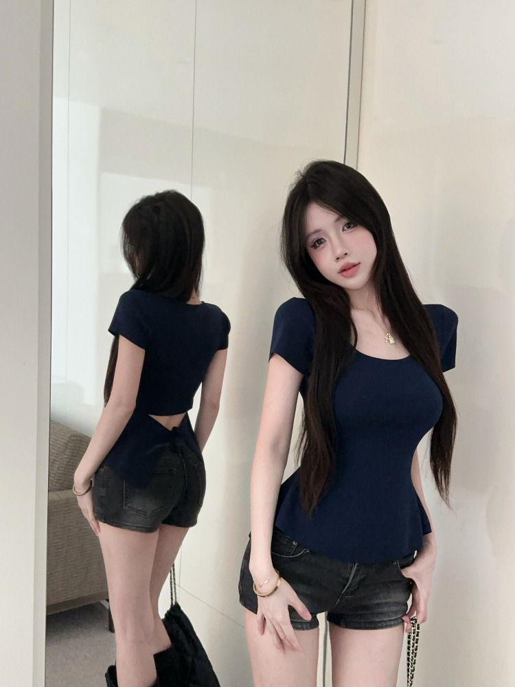 MY11976# 镂空方领冰丝短袖新款夏季设计感后背绑带薄款上衣女女裝貨源...