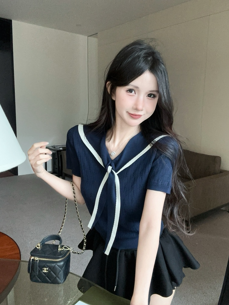 MY12378# 夏季撞色海军领针织T恤时尚显瘦百搭别致上衣女裝貨源服裝批...