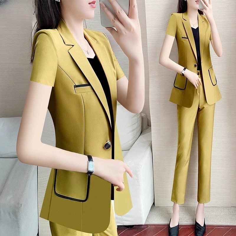 MY11776# 西装外套女墨绿短袖高级感炸街西服上衣两件套时尚洋气职业装套装