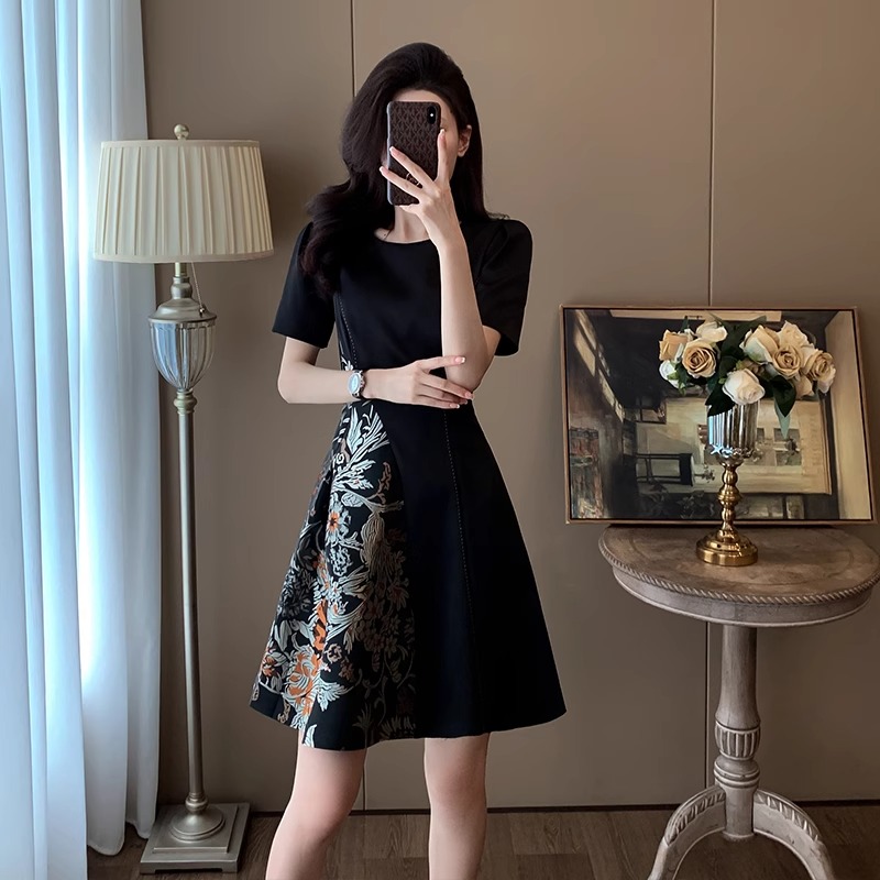 MY11763# 夏季赫本风复古气质裙子女短袖收腰显瘦新中式国风连衣裙高级...