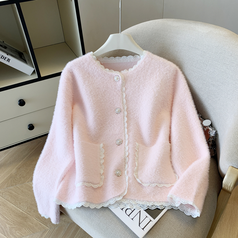 MY14282# 小香风厚外套女新款纯色小个子仿水貂绒针织开衫上衣女裝貨源服裝批發