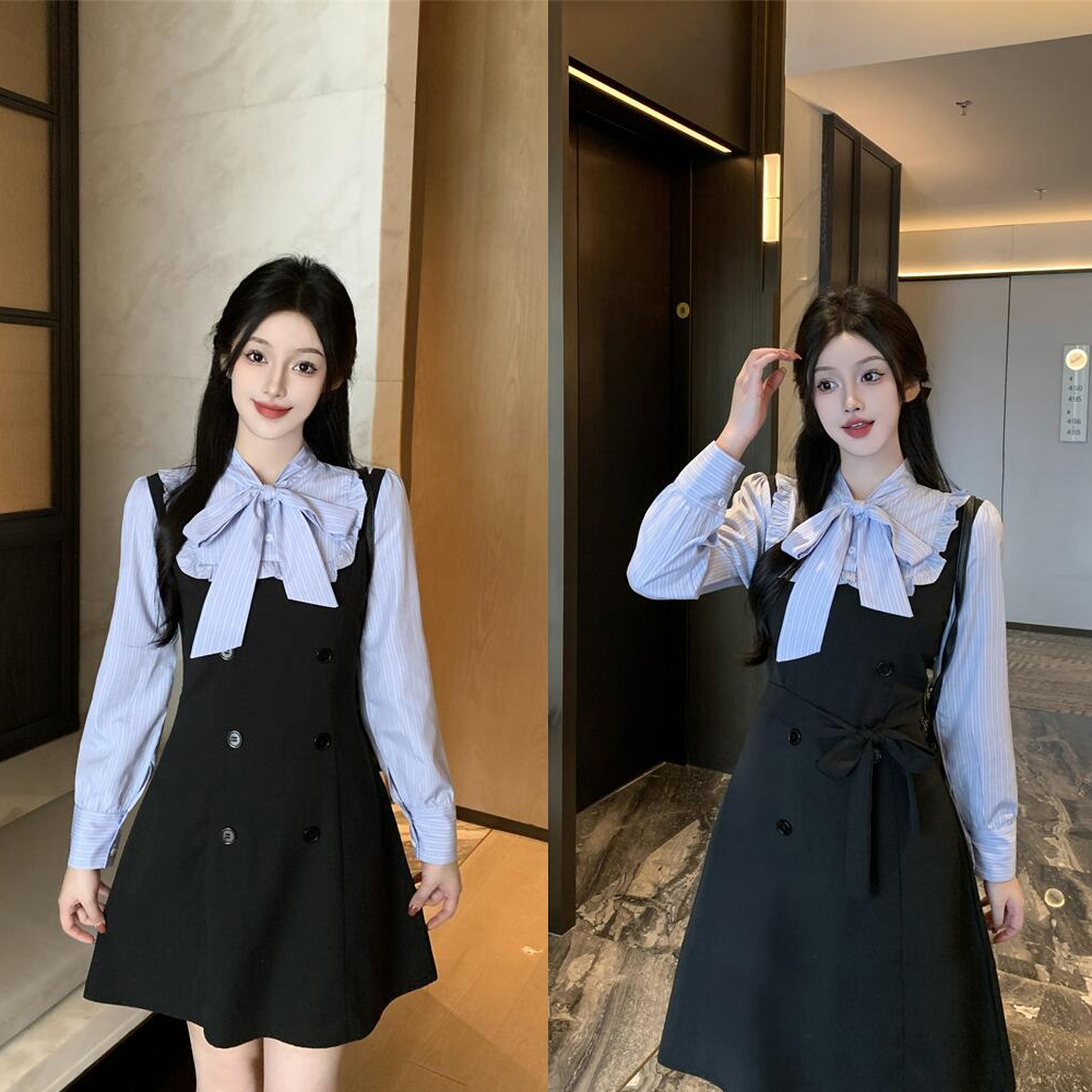 FA36589# 夏季蓝色条纹蝴蝶结假两件撞色连衣裙女 服裝批發女裝批發服飾貨源