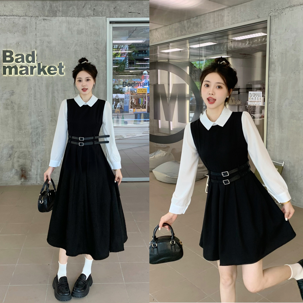 FA36590# 秋季长袖假两件显瘦收腰连衣裙配皮带 服裝批發女裝批發服飾貨源