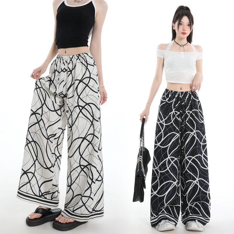 MY8874# 韩版新款复古印花宽松直筒裤抽绳系带休闲气质阔腿长裤女裝貨源服裝批發