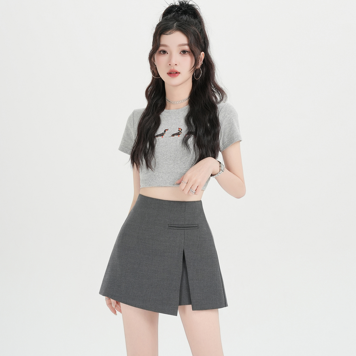 實拍 灰色A字半身裙女春夏新款開叉包臀裙子高腰小個子西裝短裙