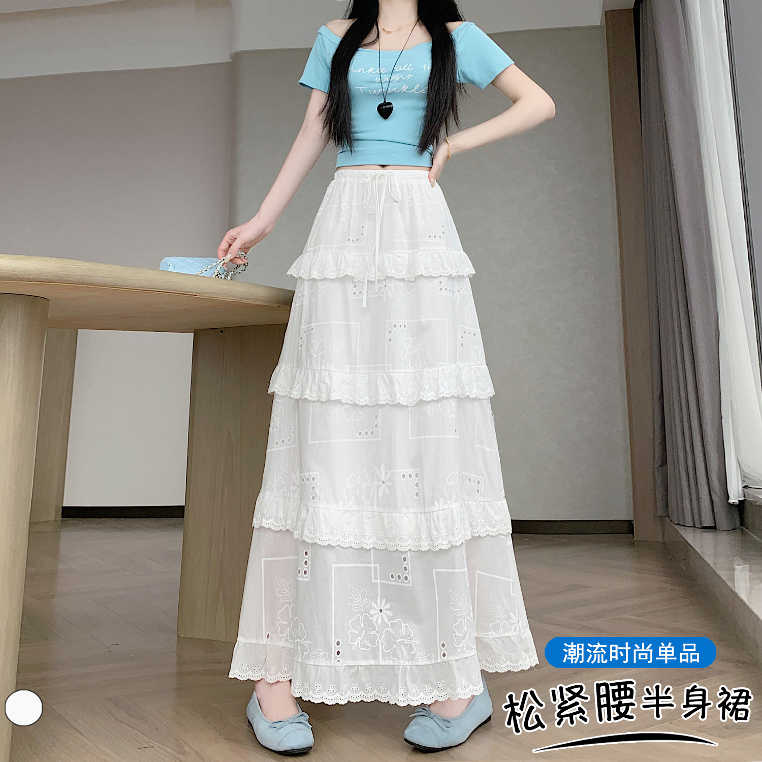 實拍 度假風白色刺繡蛋糕裙2026夏季新款系帶溫柔風層次感A字長裙