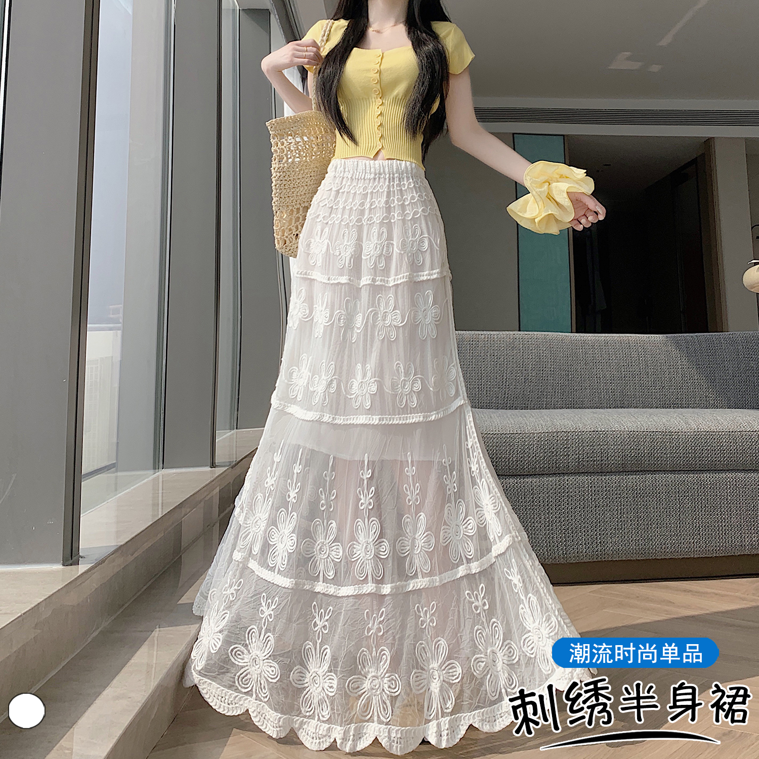 實拍 韓系度假溫柔風刺繡花朵半身長裙2026夏季新款氣質高腰A字裙