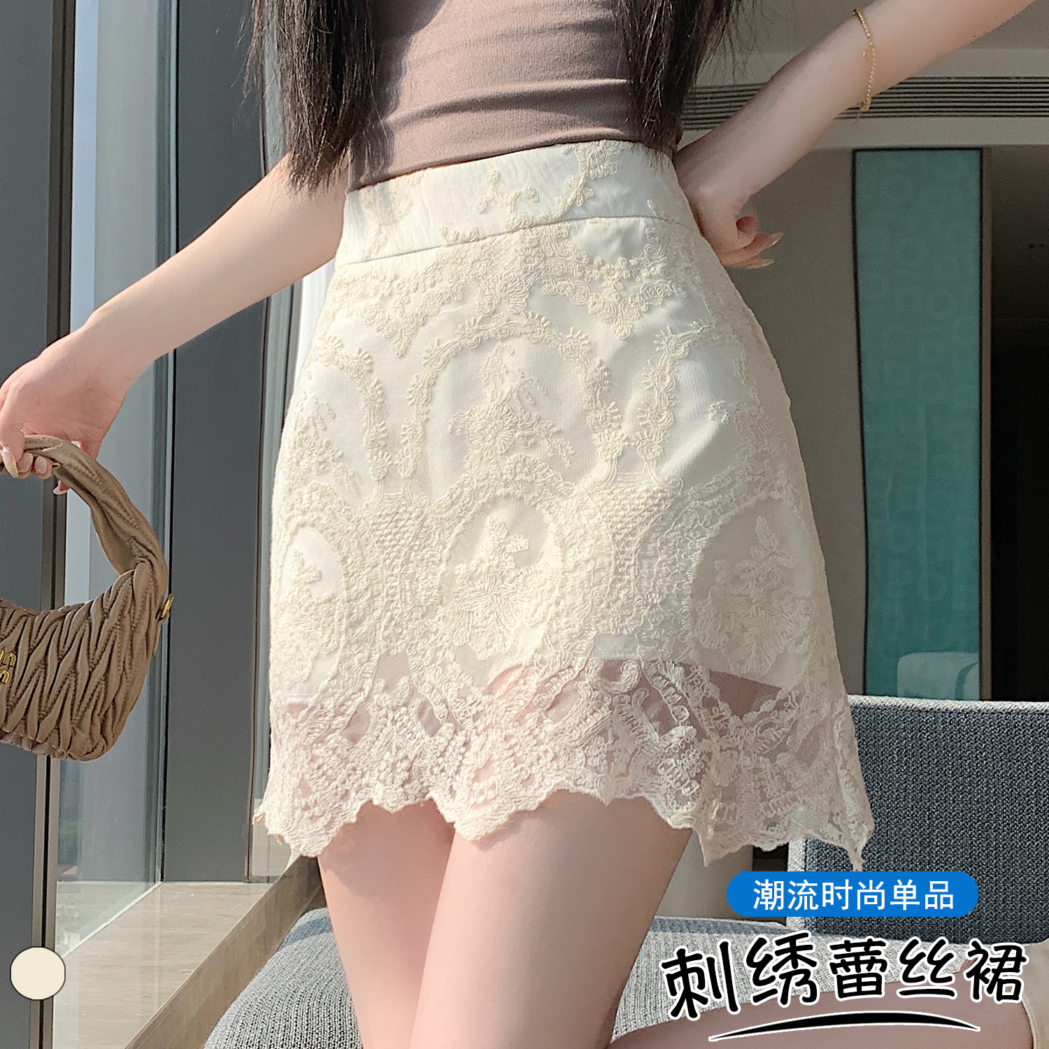 實拍 復古蕾絲包臀短裙2026夏季氣質高腰刺繡防走光A字半身裙