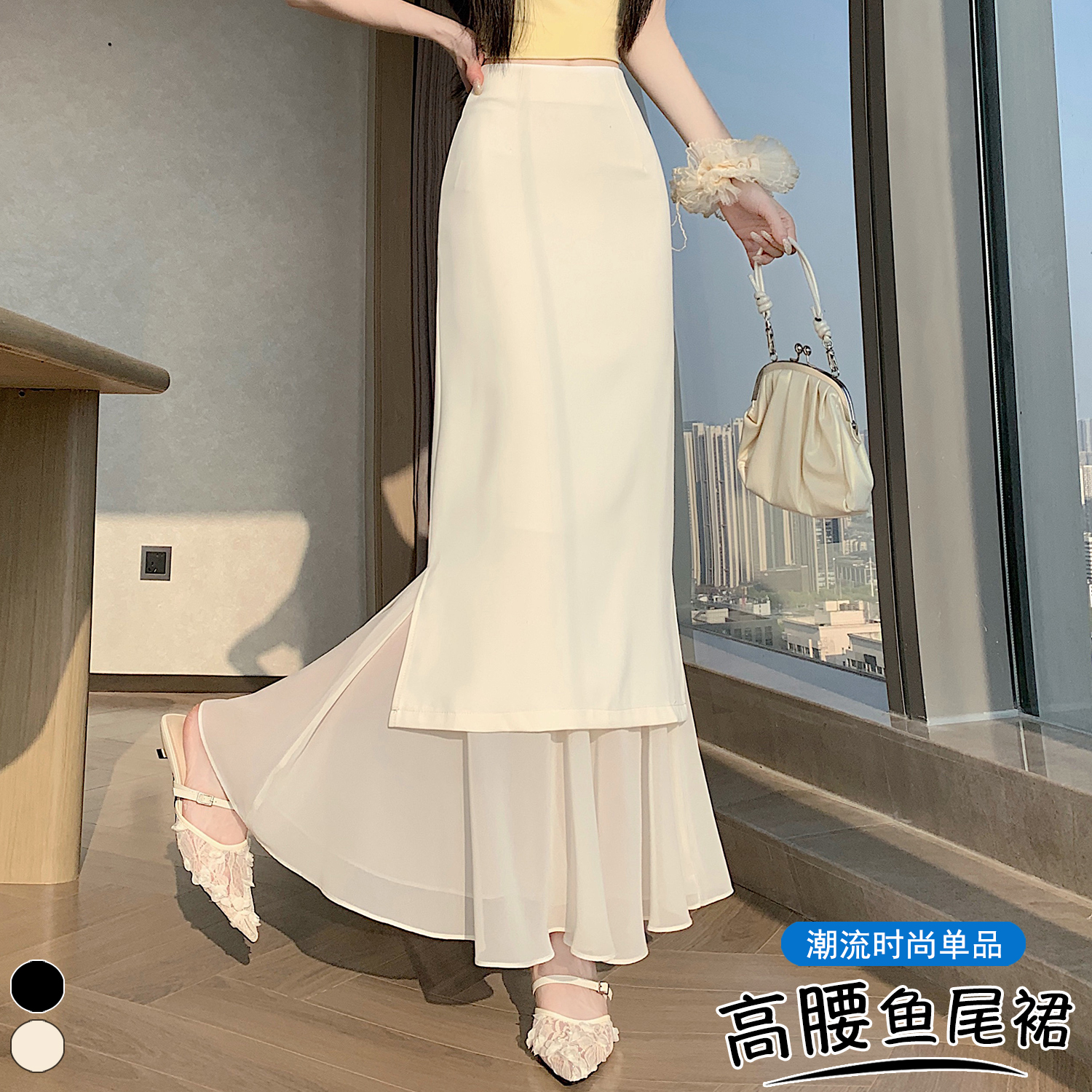 實拍 時尚氣質網紗拼接假兩件半身裙夏季西裝側開叉包臀魚尾裙