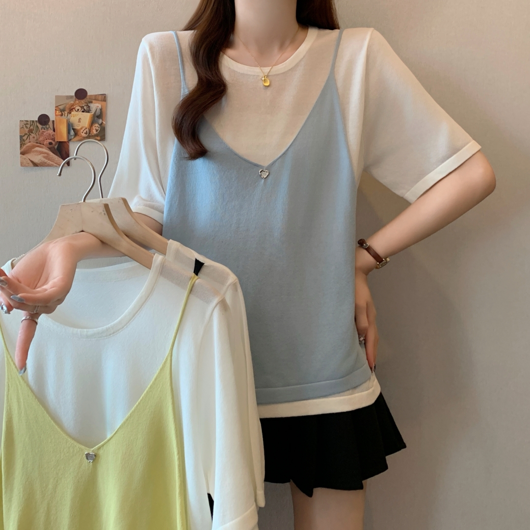 FA35071# 夏新款大码时尚薄款竹节麻针织衫吊带背心百搭假两件 服裝批發女裝批發服飾貨源