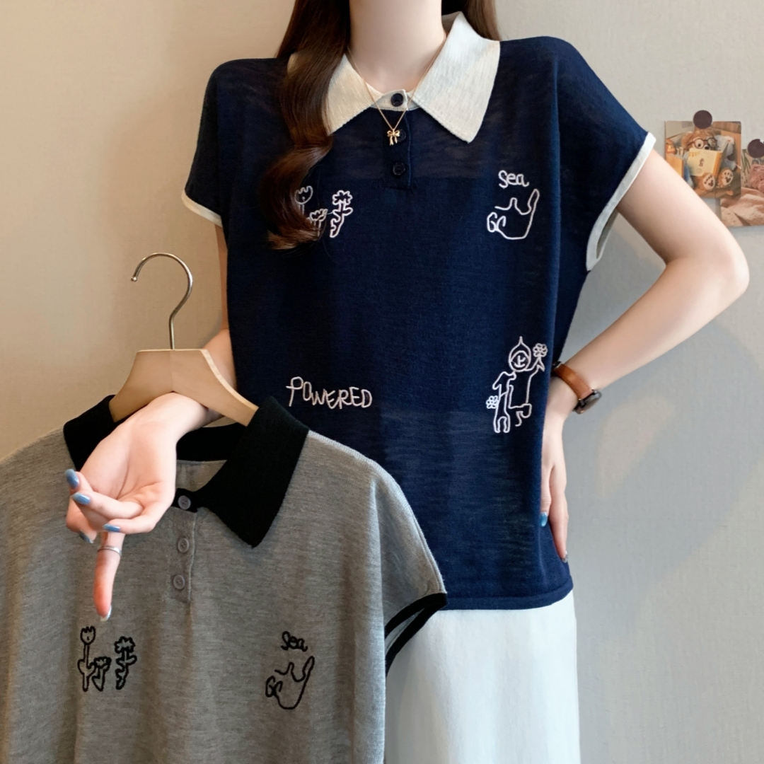 FA35066# 夏新款大码刺绣Polo领针织百搭时尚个性洋气T恤衬衫 服裝批發女裝批發服飾貨源