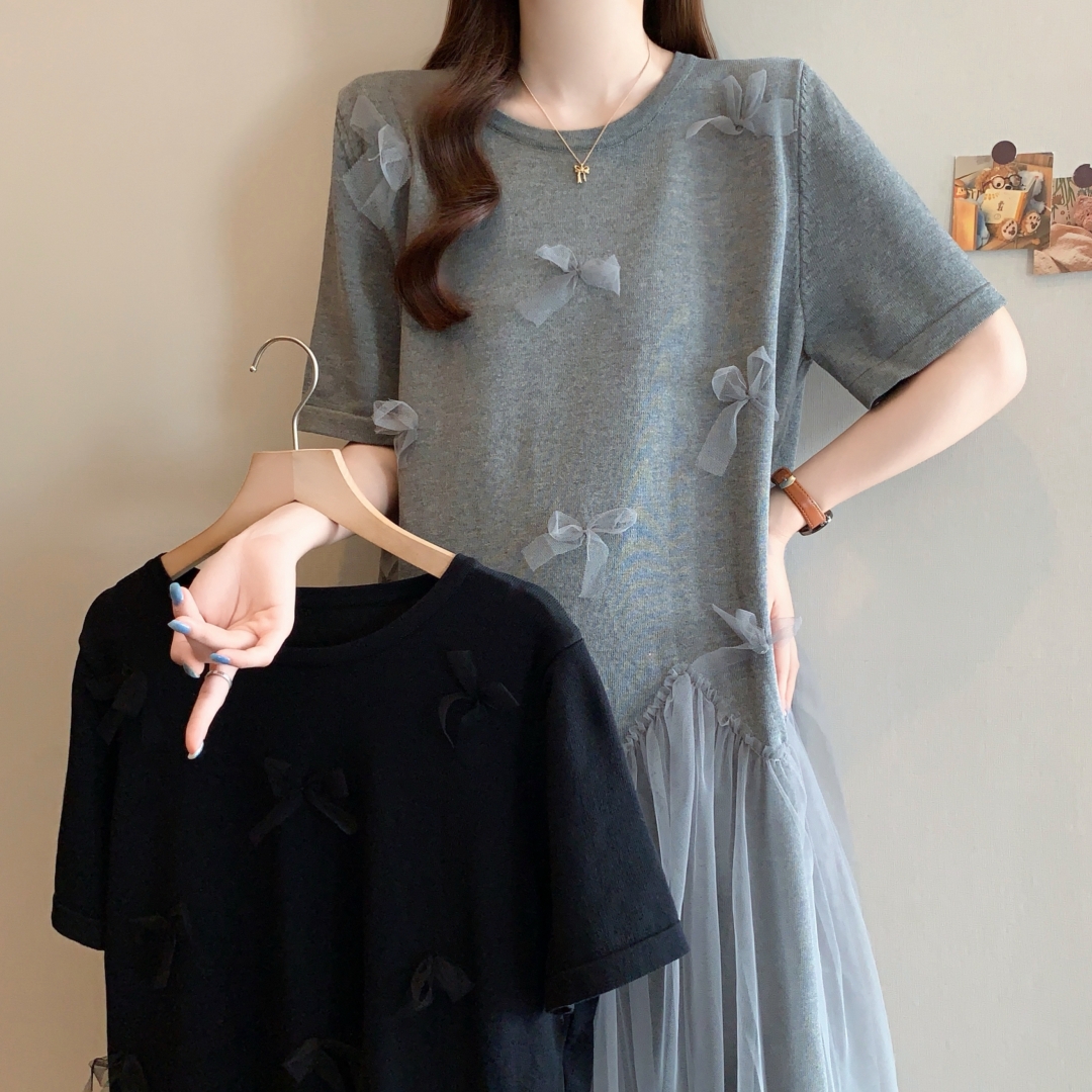 FA35067# 夏新款大码手工订蝴蝶结针织拼接网纱大摆假两件裙子 服裝批發女裝批發服飾貨源