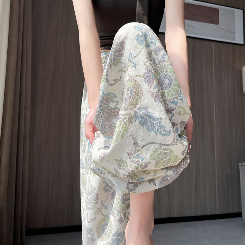 波西米亞冰絲亞麻復古印花闊腿褲女薄款寬松垂墜感遮肉顯瘦休閑褲