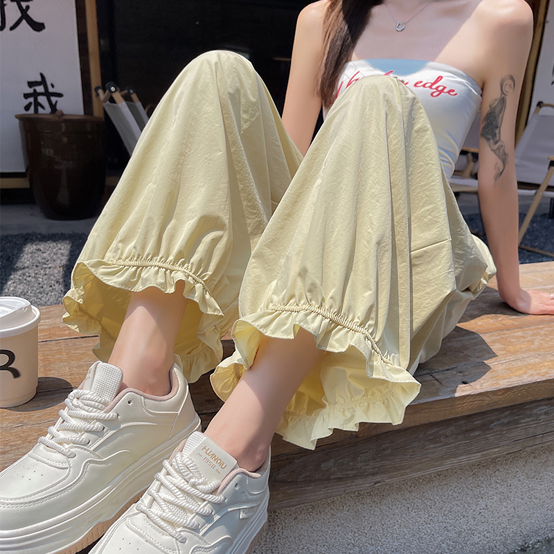 實拍甜妹木耳邊九分褲女2025夏季薄款顯瘦花邊燈籠褲小個子防曬褲