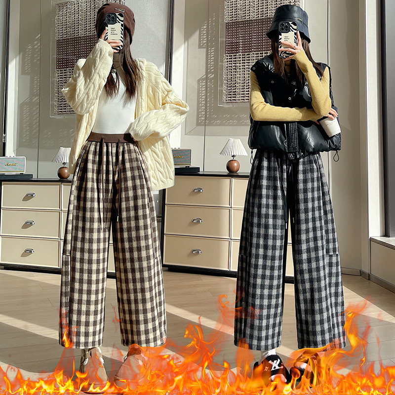 實拍加絨加厚九分格子褲女冬季百搭寬松小個子顯瘦遮胯休閑奶奶褲