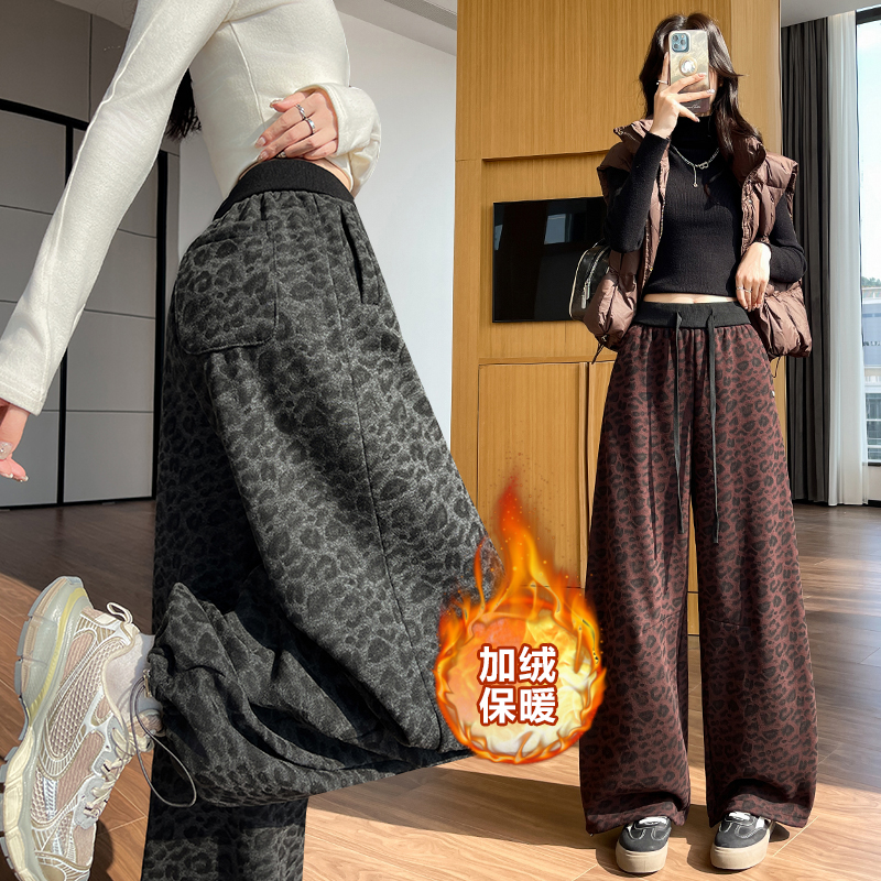 豹紋羊絨加絨休閑褲女2025冬季兩穿美式松緊腰寬松軟糯直筒闊腿褲
