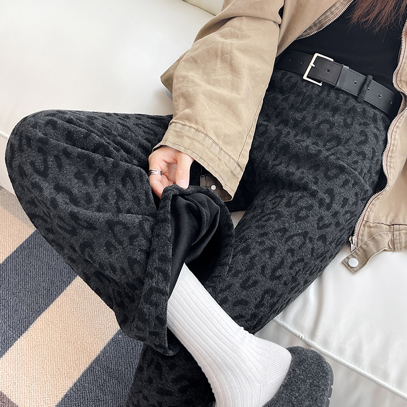 加絨加厚豹紋喇叭褲女2025冬季高腰中古百搭修身顯瘦微喇褲送腰帶