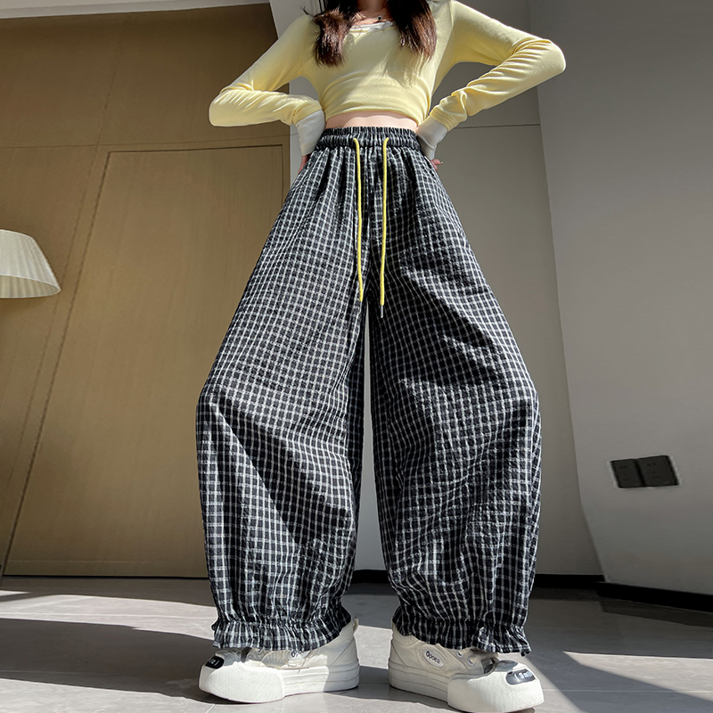 實拍泡泡格甜妹木耳邊九分休閑褲女顯瘦花邊燈籠褲小個子防曬褲