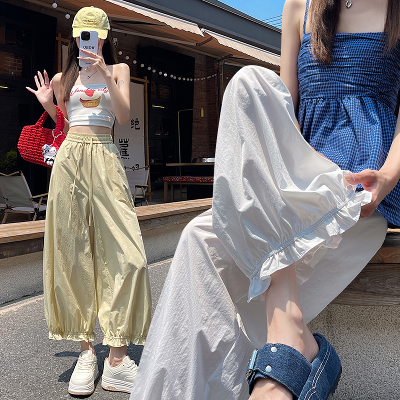 實拍甜妹木耳邊九分褲女冰絲速干顯瘦花邊燈籠褲小個子防曬褲