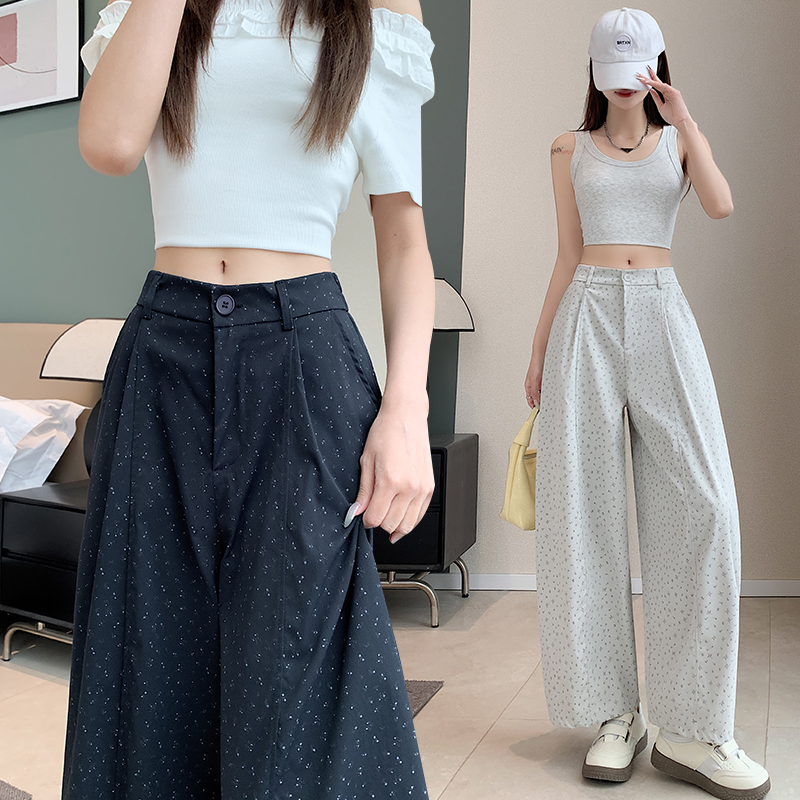 小碎花空氣感氣球褲女 夏薄款冰絲棉麻松緊腰寬松彎刀九分休閑褲