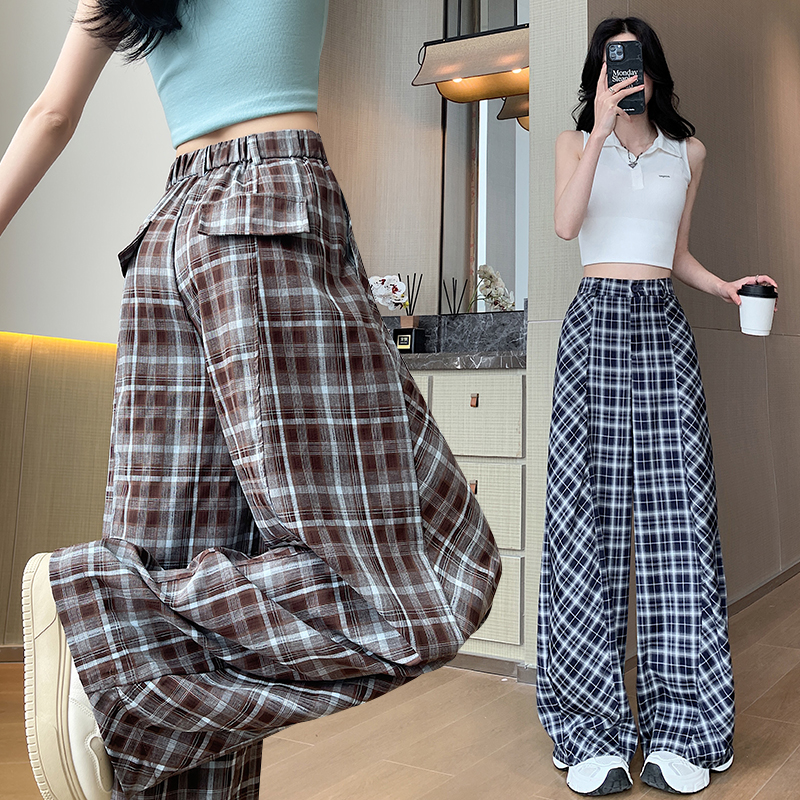 實拍設計感拼接高腰格子褲女 夏款垂感老錢風百搭顯瘦彎刀休閑褲