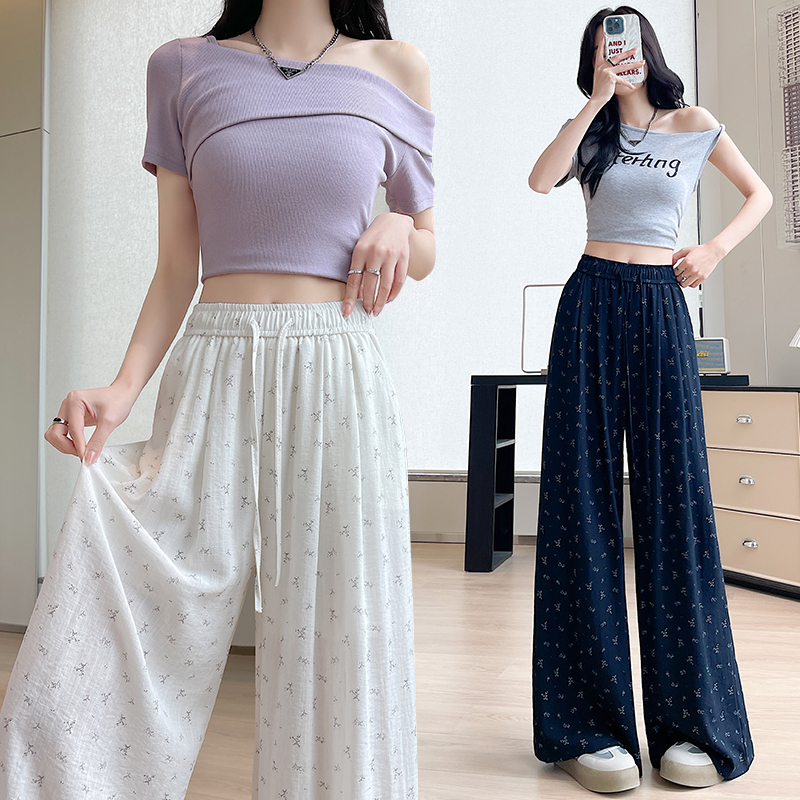 冰絲棉麻碎花闊腿褲女夏季薄款垂感百搭顯瘦松弛慵懶感休閑拖地褲