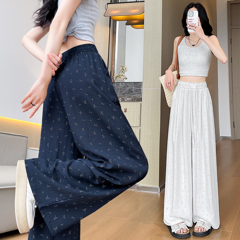 冰絲棉麻碎花闊腿褲女夏季薄款垂感百搭顯瘦松弛慵懶感休閑拖地褲