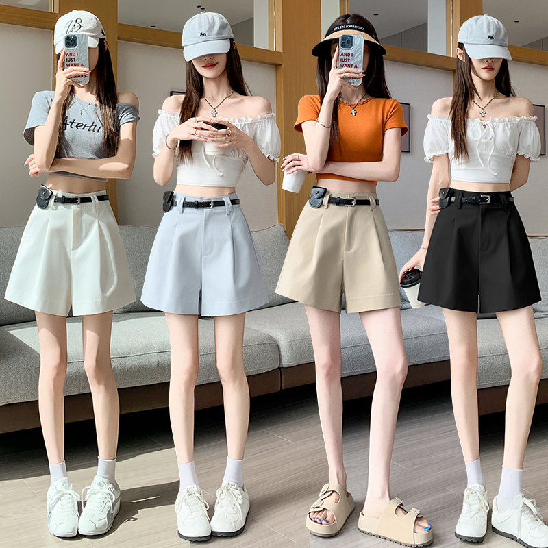 RY4185# 实拍高腰休闲洗水棉短裤显瘦阔腿裤女学院通勤简约A字短裤配腰...