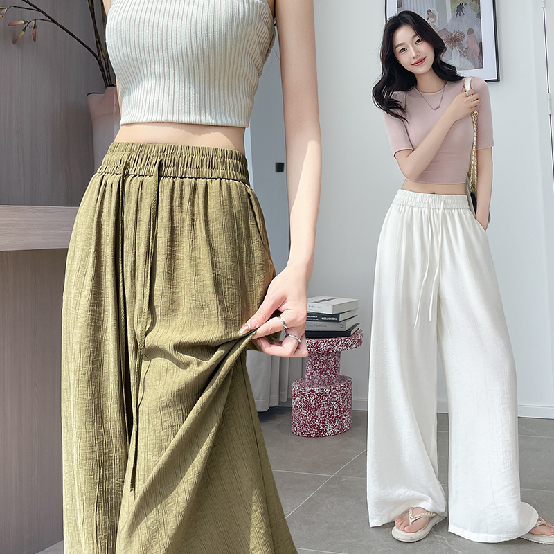 肌理感冰絲棉麻闊腿褲女夏薄款垂感百搭顯瘦松弛慵懶感休閑拖地褲