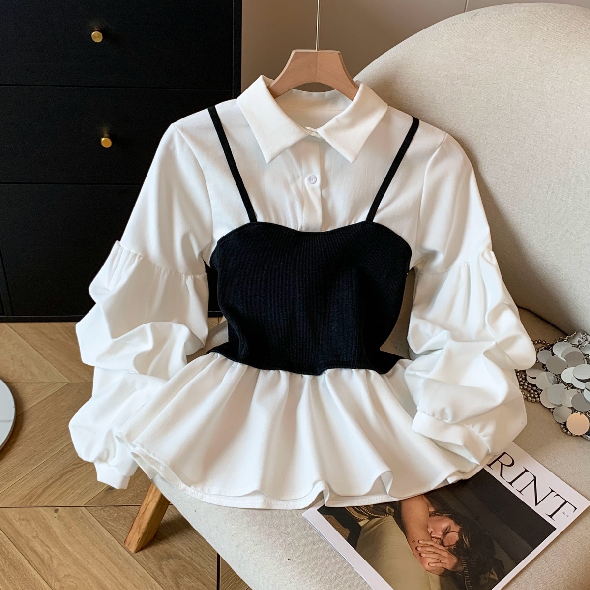 MY14803# 新款法式气质假两件衬衫女设计感小众收腰长袖上衣女裝貨源服裝批發