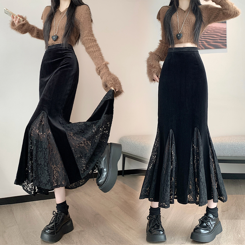 MY14804# 金丝绒半身裙显瘦中长裙鱼尾裙女侧开叉荷叶边裙女裝貨源服裝批發