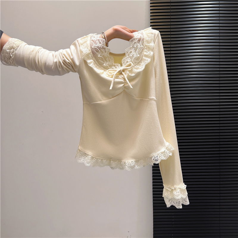 MY14805# 纯欲蝴蝶结蕾丝v领磨毛打底衫女秋冬修身绝美上衣设计感小众女裝貨源服裝批發