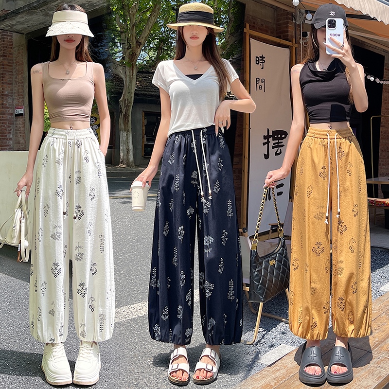 MY12113# 冰丝棉麻印花九分裤夏季薄款小个子显瘦宽松垂感灯笼裤女裝貨...