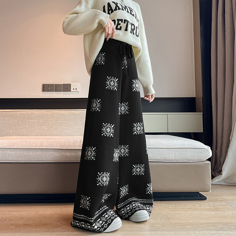 實拍復古印花針織闊腿褲女2025秋冬新款高腰顯瘦慵懶垂感休閑褲子
