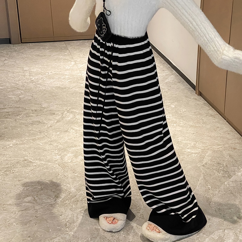 實拍慵懶風條紋針織闊腿褲女2025秋冬新款松緊腰顯瘦休閑拖地長褲