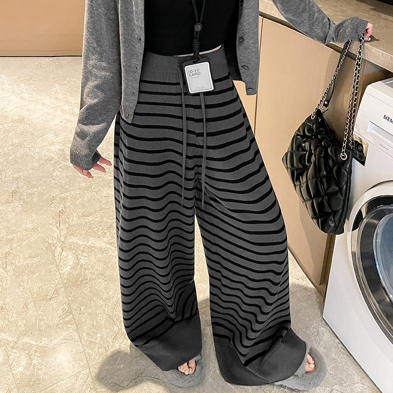 實拍慵懶風條紋針織闊腿褲女2025秋冬新款松緊腰顯瘦休閑拖地長褲