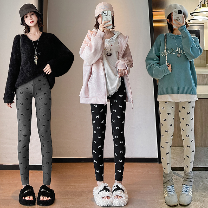 實拍蝴蝶結印花針織打底褲女2025秋冬新款高腰緊身彈力外穿小腳褲