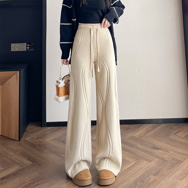 實拍設計感軟糯針織闊腿褲女2025秋冬新款高腰顯瘦休閑直筒長褲子